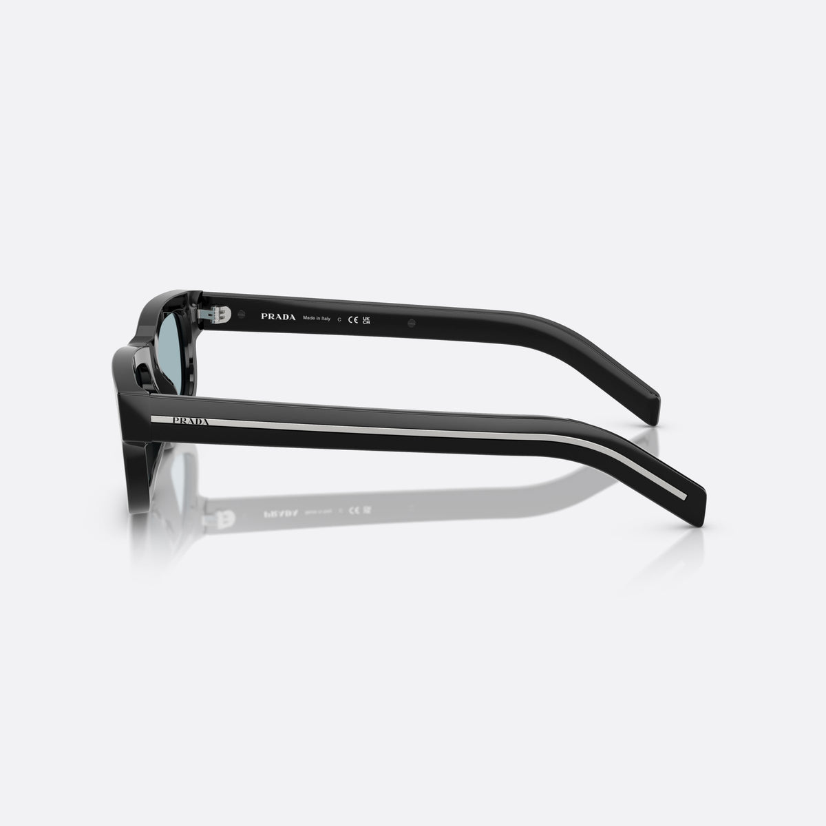 Prada PR B11S 16K60P sunglasses, black rectangle frame for men, plain bridge, brand lettering on temples, full-rim frame, side view