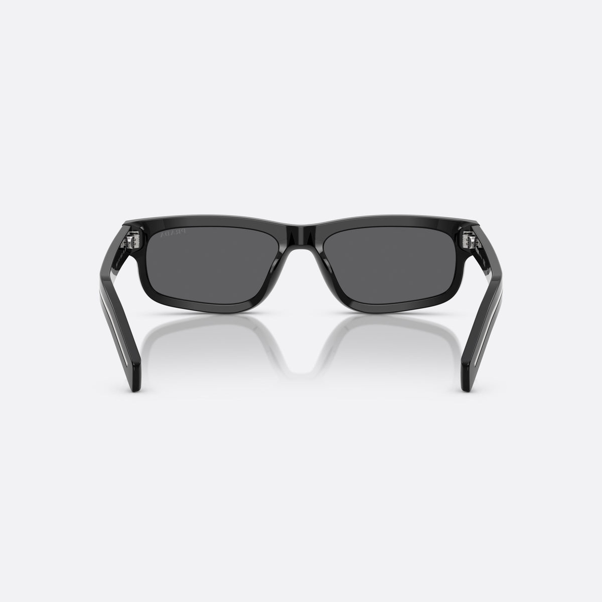 Prada PR B11S 16K731 sunglasses, black rectangle frame for men, plain integrated bridge, brand lettering on temples, back view