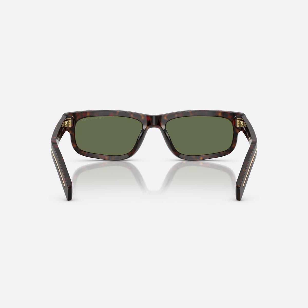 Prada PR B11S 17N20G sunglasses, havana rectangle frame for men, keyhole bridge, brand lettering on temple, back view