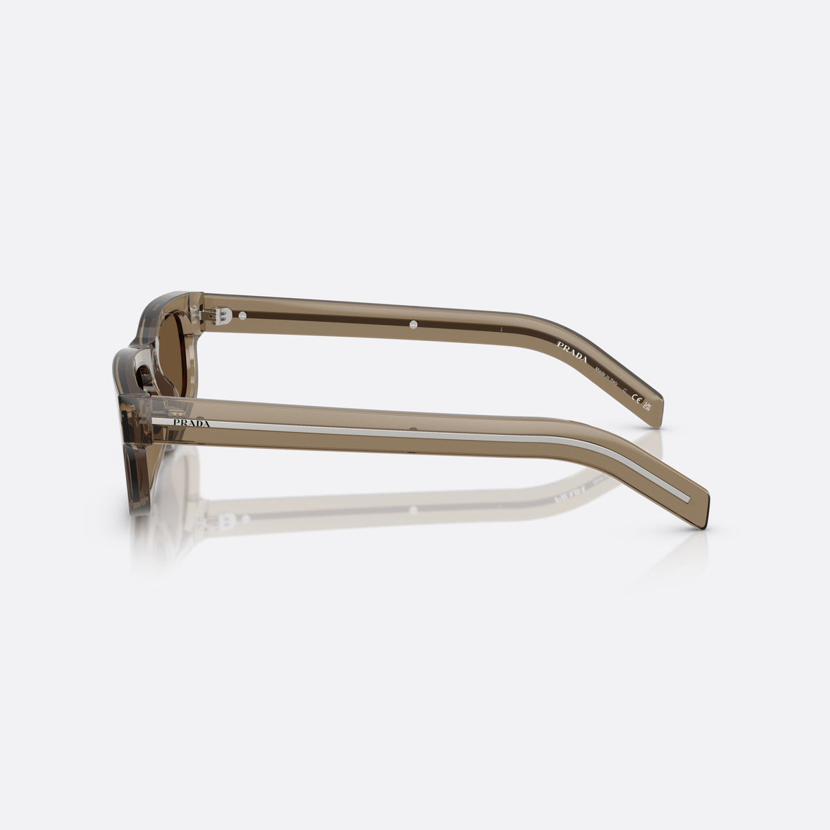 Prada PR B11S 18T70F sunglasses, brown rectangle frame for men, keyhole bridge, brand lettering on temples, side view