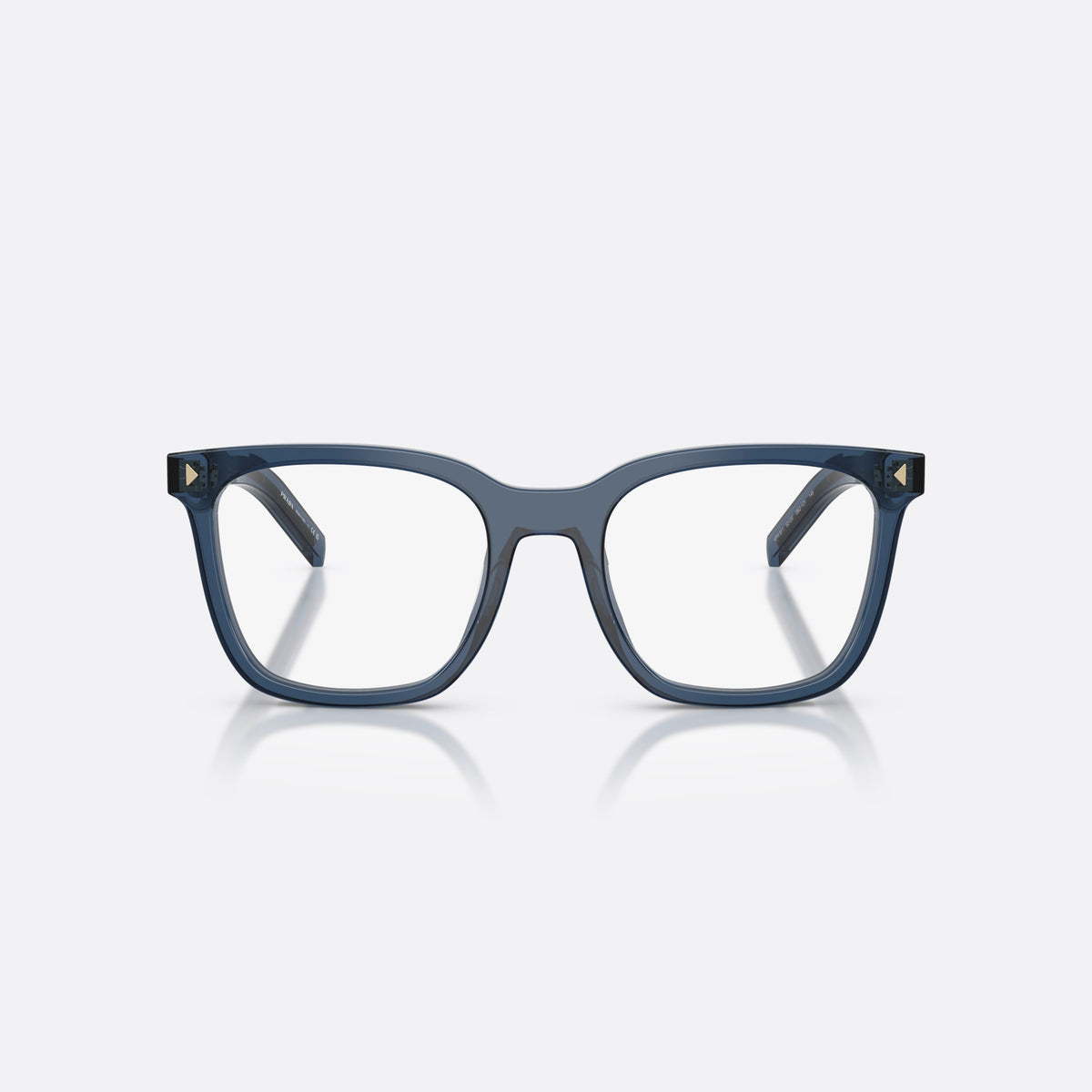 Prada PR B11V 08Q1O1 eyeglasses, blue pillow frame for women, plain bridge, brand lettering on temples, full rim frame, front view