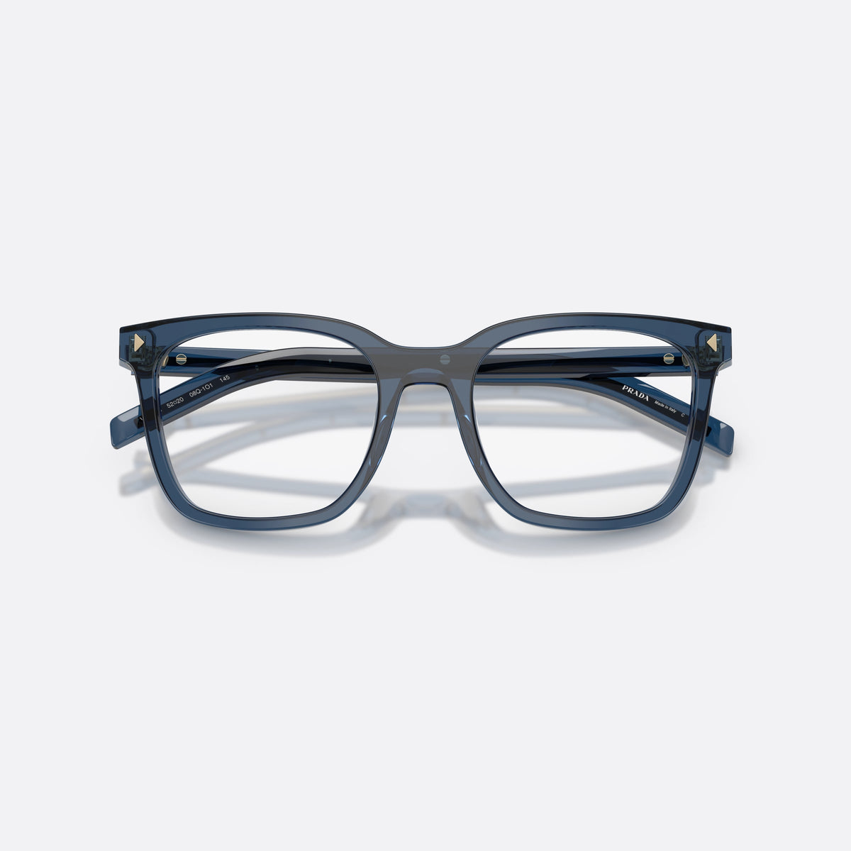 Prada PR B11V 08Q1O1 eyeglasses, blue pillow frame for women, plain bridge, brand lettering on temples, full rim frame, folded