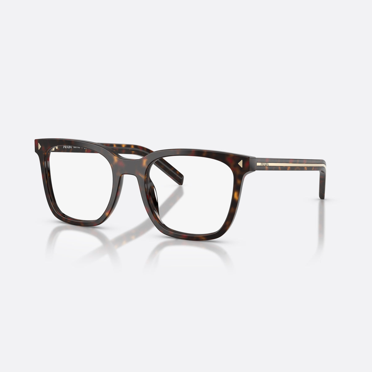 Prada PR B11V 17N1O1 eyeglasses, havana pillow frame for women, plain bridge, brand lettering on temples, full-rim frame