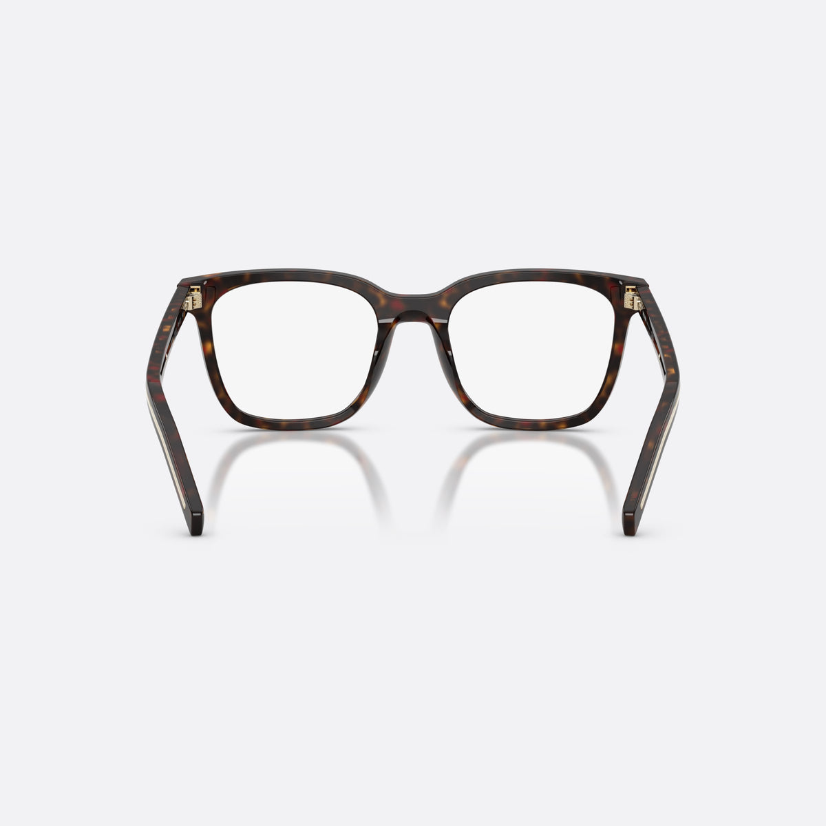Prada PR B11V 17N1O1 eyeglasses, havana pillow frame for women, plain bridge, brand lettering on temples, full-rim frame, back view