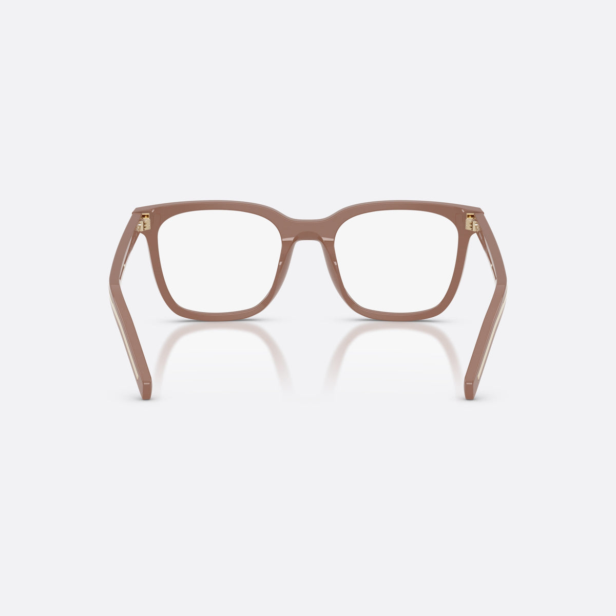 Prada PR B11V 28D1O1 eyeglasses, brown pillow frame for women, plain bridge, brand lettering on temples, full-rim frame, back view