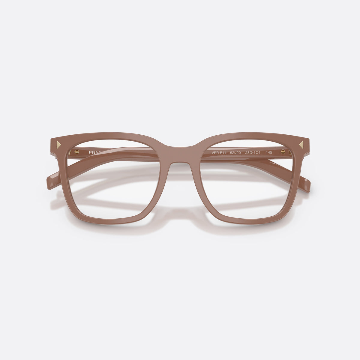 Prada PR B11V 28D1O1 eyeglasses, brown pillow frame for women, plain bridge, brand lettering on temples, full-rim frame, folded