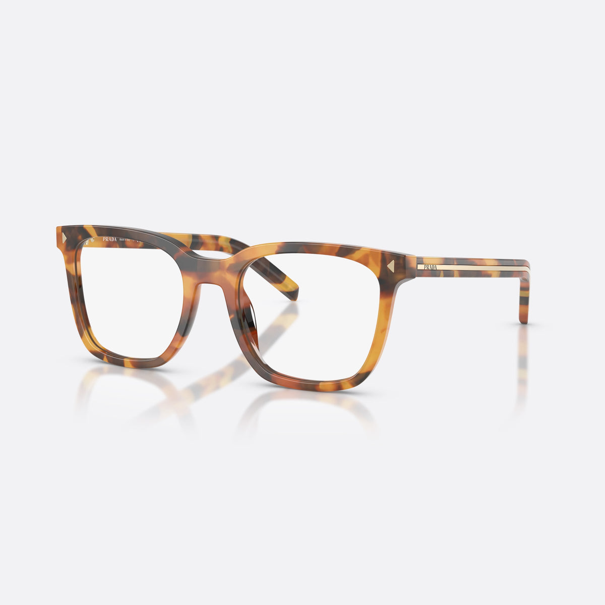 Prada PR B11V 29C1O1 eyeglasses, havana pillow frame for women, plain bridge, brand lettering on temples