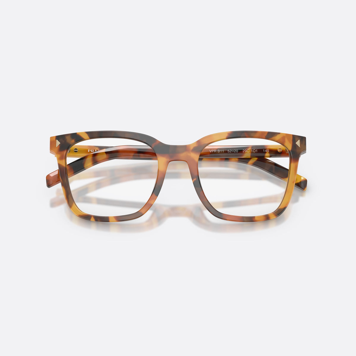 Prada PR B11V 29C1O1 eyeglasses, havana pillow frame for women, plain bridge, brand lettering on temples, folded