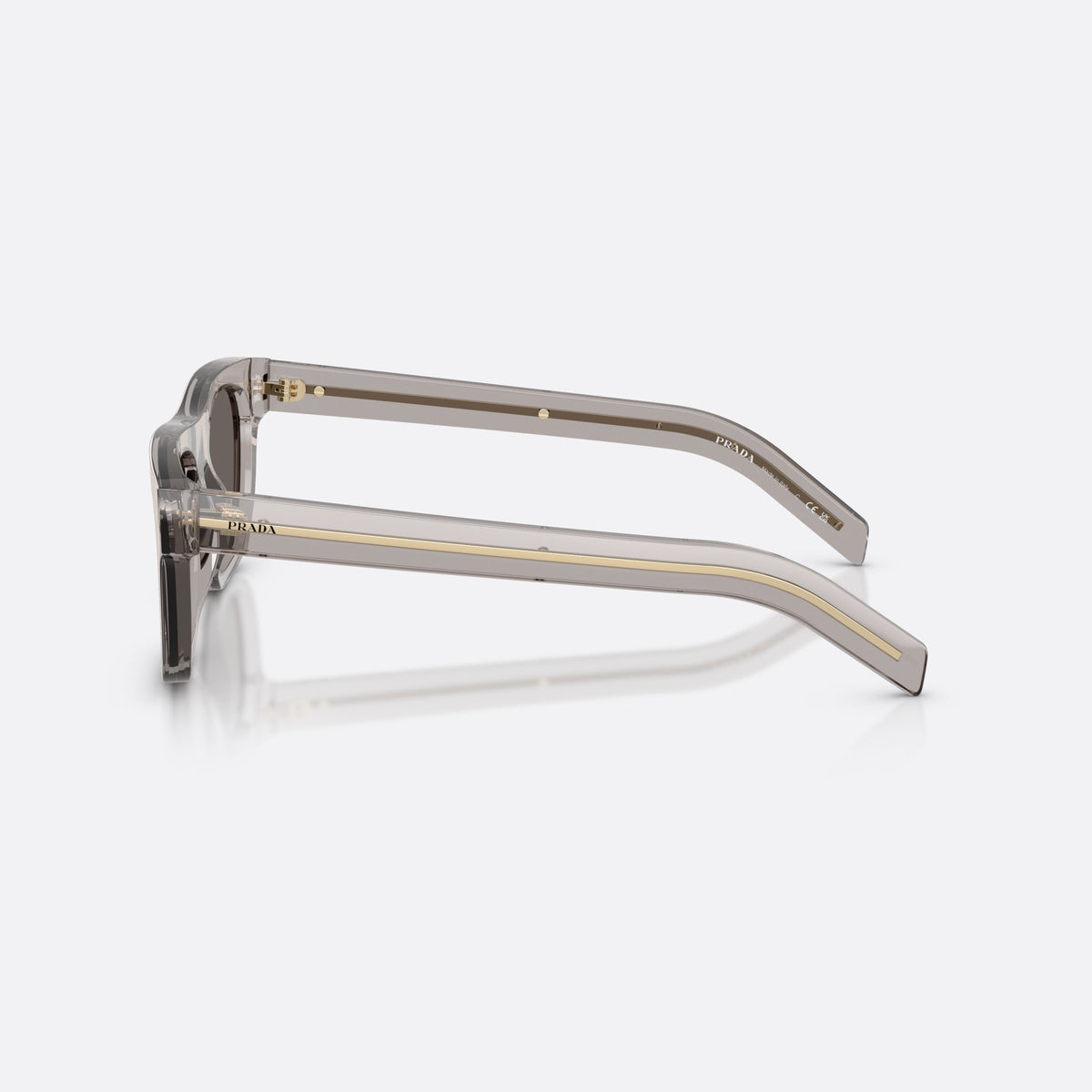 Prada PR B12S 10J70Z sunglasses, grey pillow frame for men, plain integrated bridge, brand lettering on temples, side view