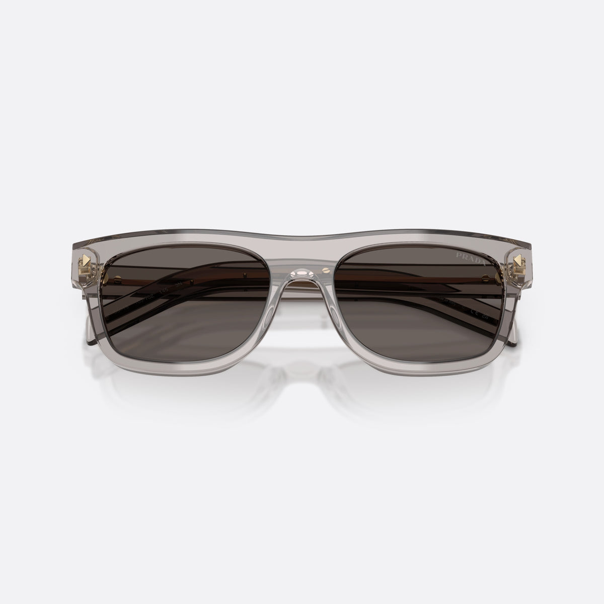 Prada PR B12S 10J70Z sunglasses, grey pillow frame for men, plain integrated bridge, brand lettering on temples, folded