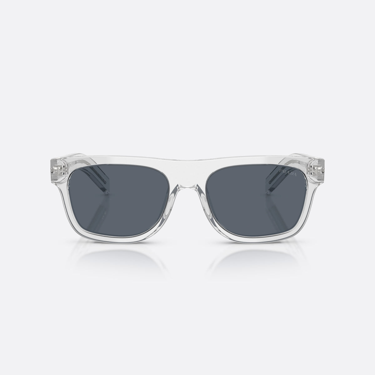 Prada PR B12S 12R07T sunglasses, grey pillow frame for men, plain bridge, brand logo on lens, full-rim frame, front view