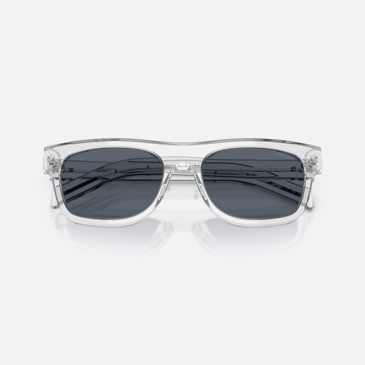 Prada PR B12S 12R07T sunglasses, grey pillow frame for men, plain bridge, brand logo on lens, full-rim frame, folded