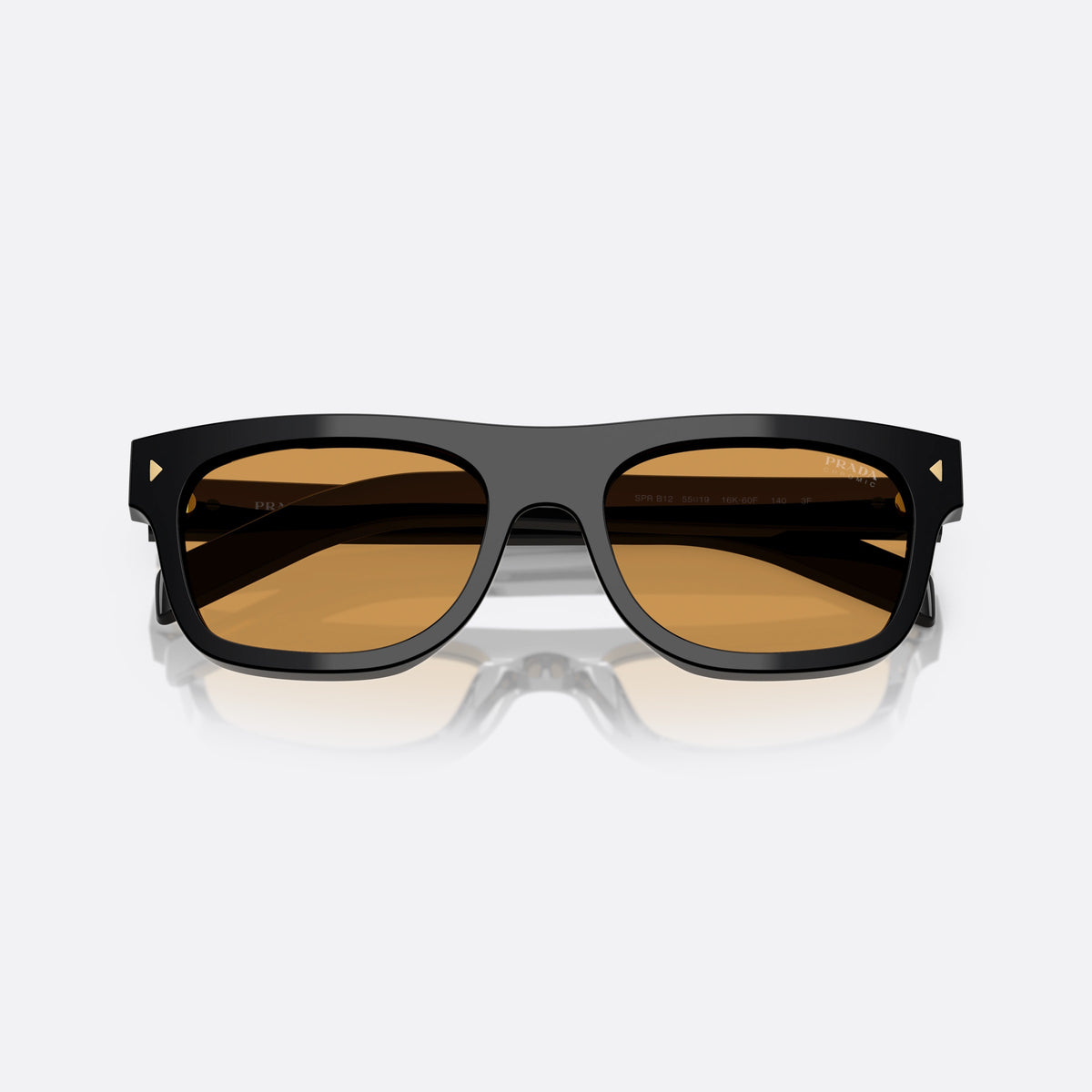 Prada PR B12S 16K60F BLBW sunglasses, black squared frame for men, plain bridge, brand lettering on temples, full-rim frame, folded