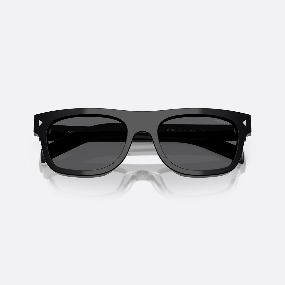 Prada PR B12S 16K731 BLGR sunglasses, black squared frame for men, keyhole bridge, brand lettering on the temples, folded