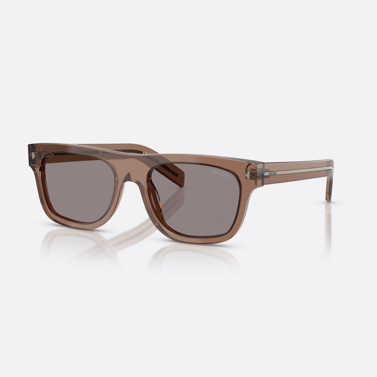 Prada PR B12S 28I03D sunglasses, clear pillow frame for men, plain bridge, brand lettering on temples, full-rim frame