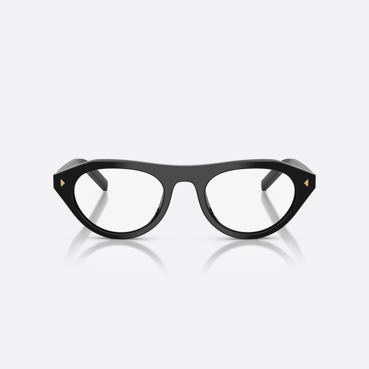 Prada PR B15S 16K60K sunglasses, black irregular frame for women, plain bridge with narrow center, polished glossy surface, front view