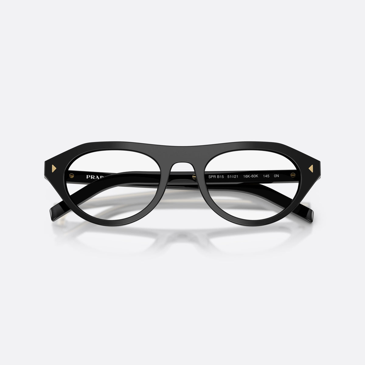 Prada PR B15S 16K60K sunglasses, black irregular frame for women, plain bridge with narrow center, polished glossy surface, folded