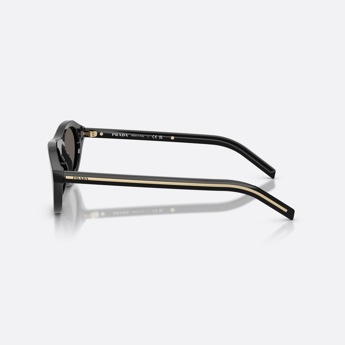 Prada PR B15S 16K731 sunglasses, black irregular frame for women, plain acetate bridge, brand lettering on temples, side view
