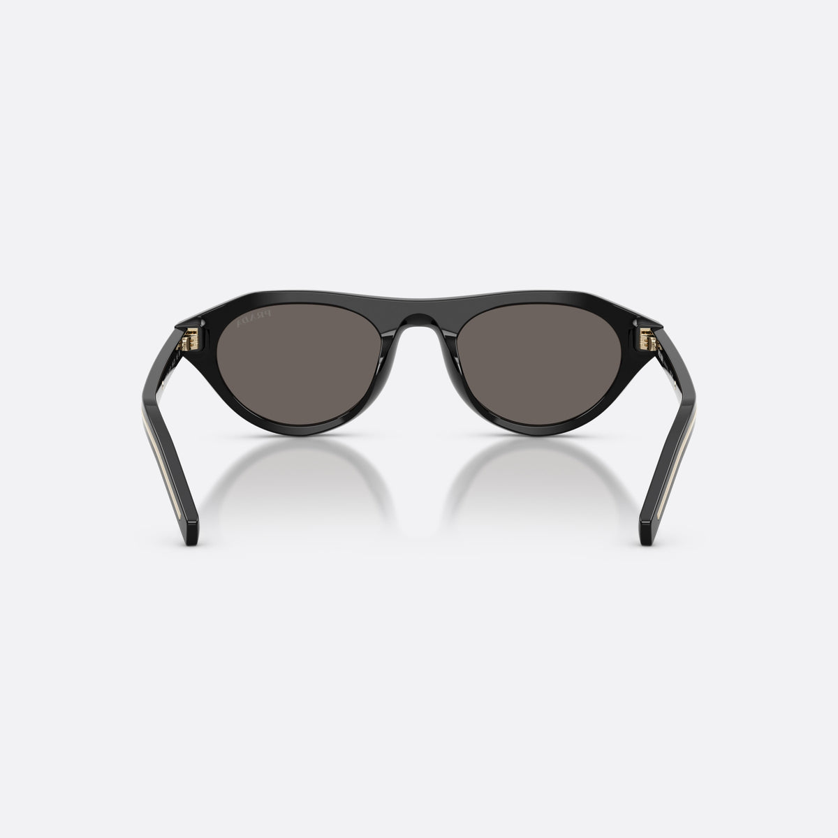 Prada PR B15S 16K731 sunglasses, black irregular frame for women, plain acetate bridge, brand lettering on temples, back view