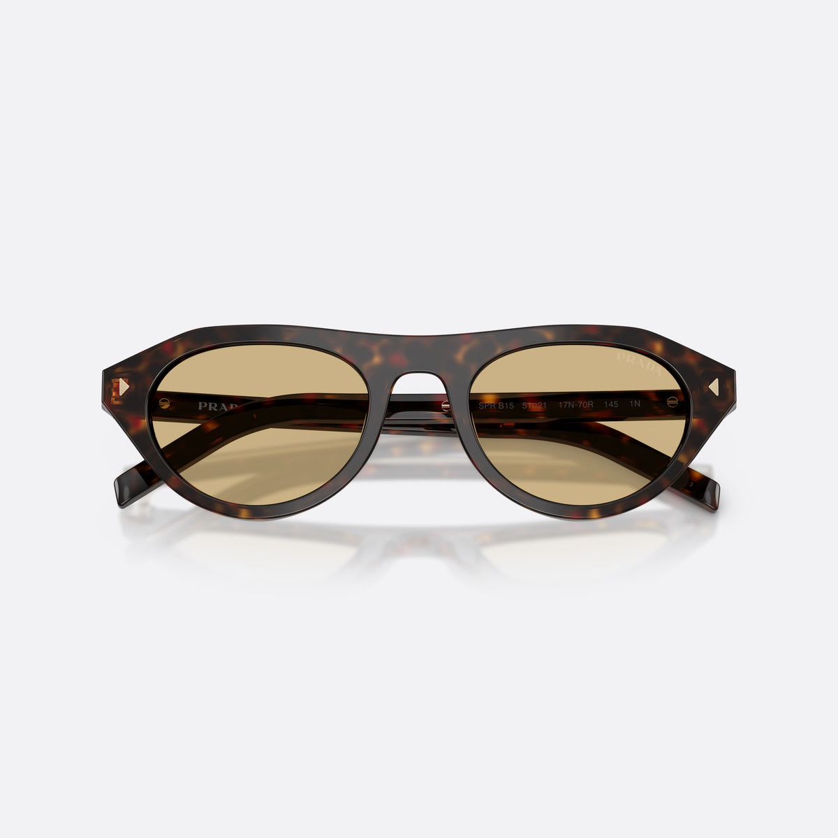 Prada PR B15S 17N70R sunglasses, havana irregular frame for women, plain bridge, integrated into front, solid tint lenses, folded