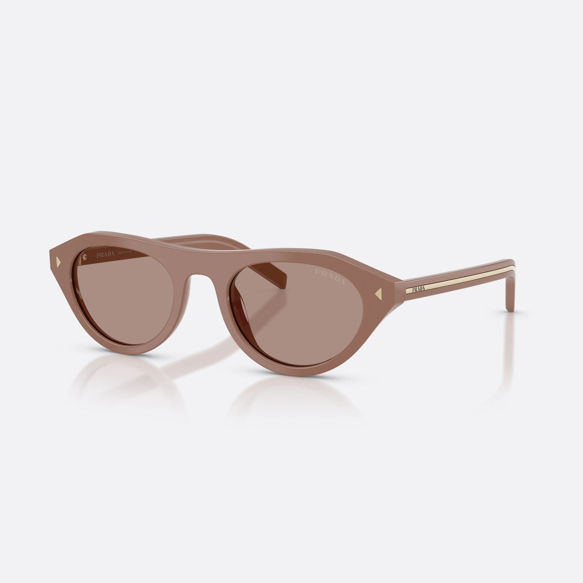 Prada PR B15S 28D02T sunglasses, brown irregular frame for women, plain bridge, brand lettering on temples, full-rim frame
