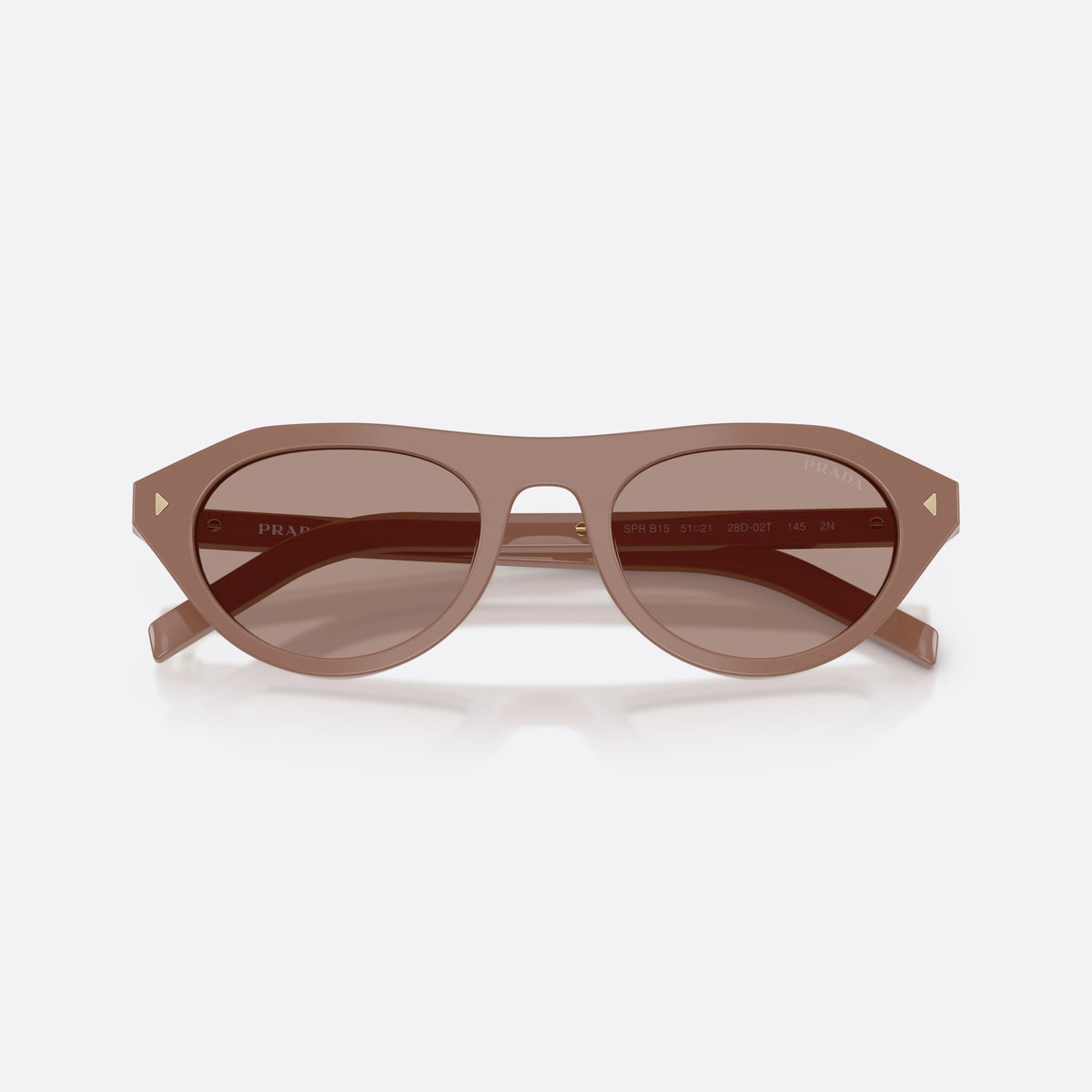 Prada PR B15S 28D02T sunglasses, brown irregular frame for women, plain bridge, brand lettering on temples, full-rim frame, folded