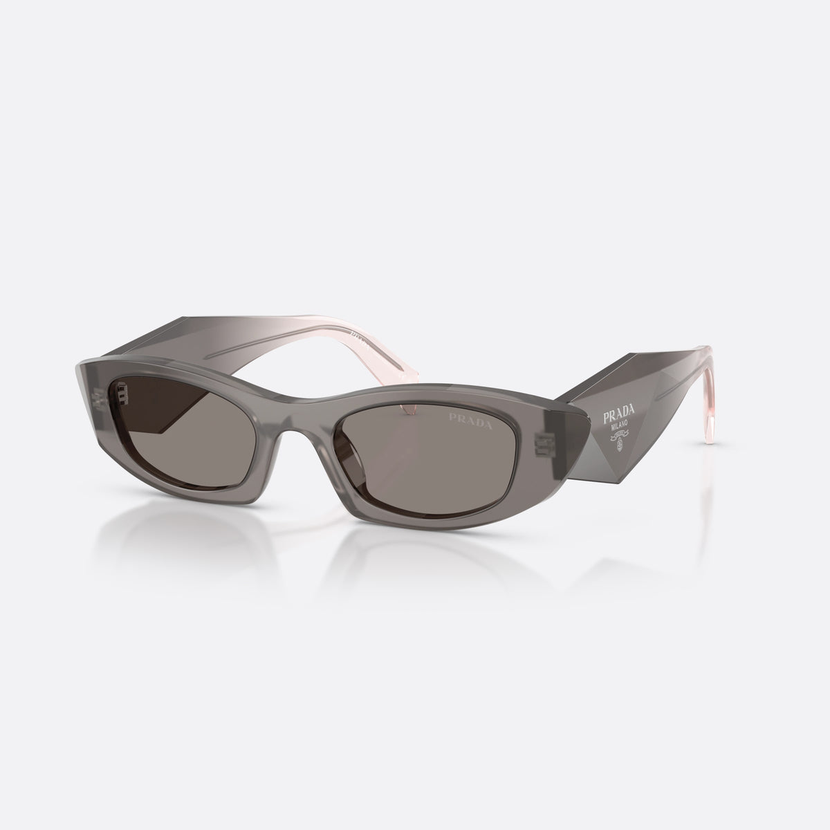 Prada PR B16S 20F80Q sunglasses, grey oval frame for women, plain bridge, brand lettering on temples, full-rim frame
