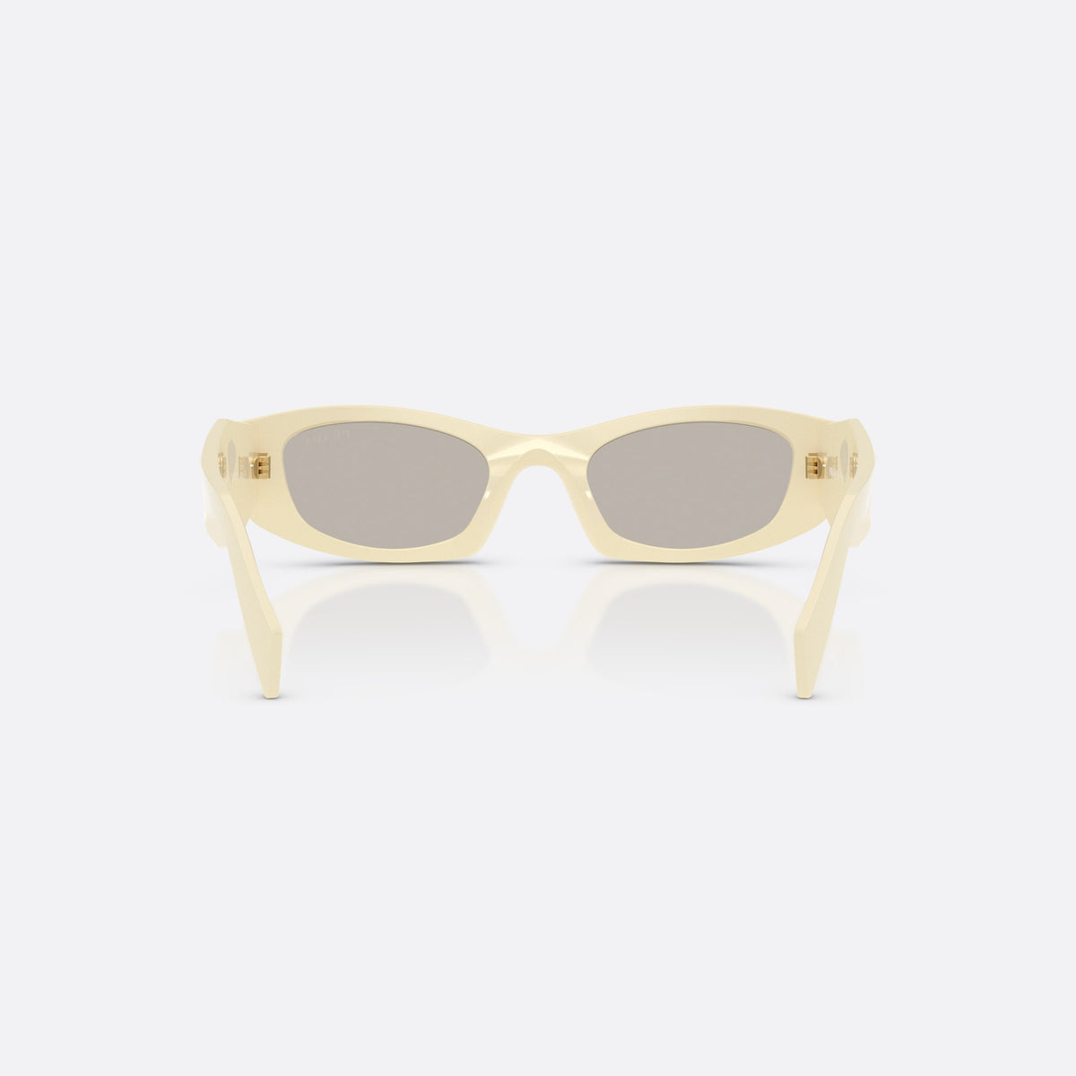 Prada PR B16S 21D5J2 sunglasses, white oval frame for women, plain integrated bridge, brand lettering on temples, back view