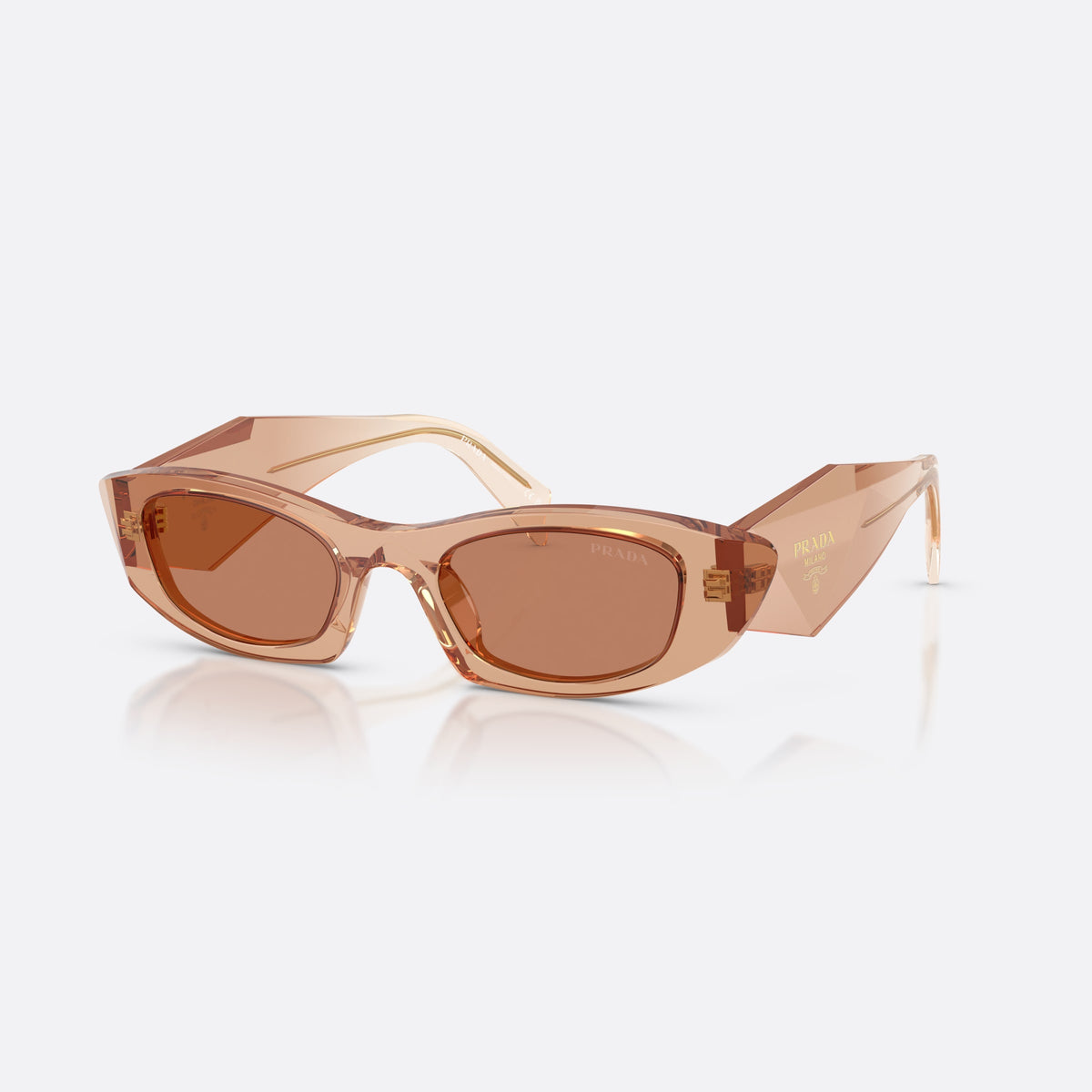 Prada PR B16S 28E90Q sunglasses, brown oval frame for women, keyhole bridge, brand lettering on temples, full-rim frame