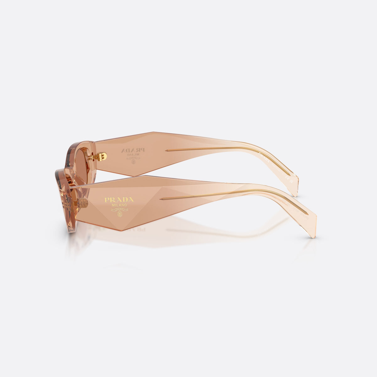 Prada PR B16S 28E90Q sunglasses, brown oval frame for women, keyhole bridge, brand lettering on temples, full-rim frame, side view