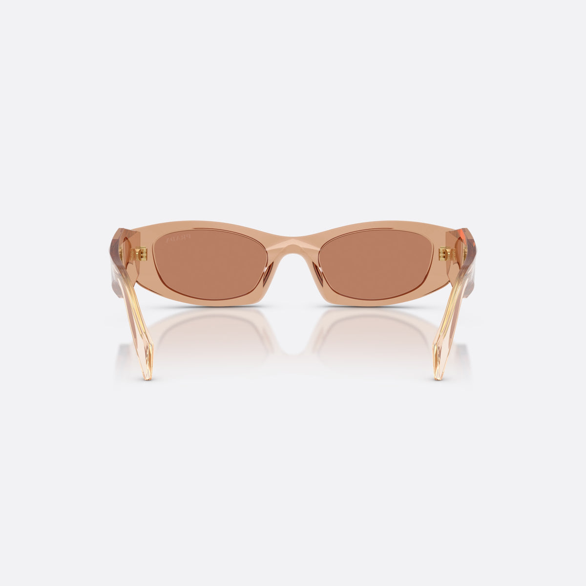 Prada PR B16S 28E90Q sunglasses, brown oval frame for women, keyhole bridge, brand lettering on temples, full-rim frame, back view