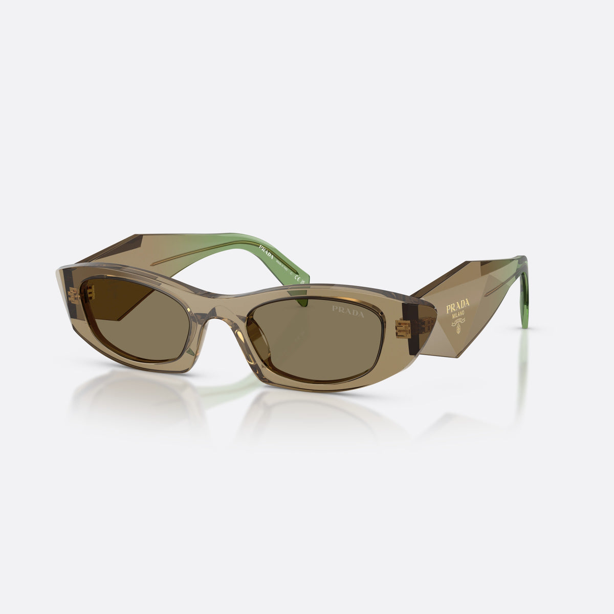 Prada PR B16S 29E90F sunglasses, brown oval frame for women, plain bridge, brand lettering on temples, full rim frame