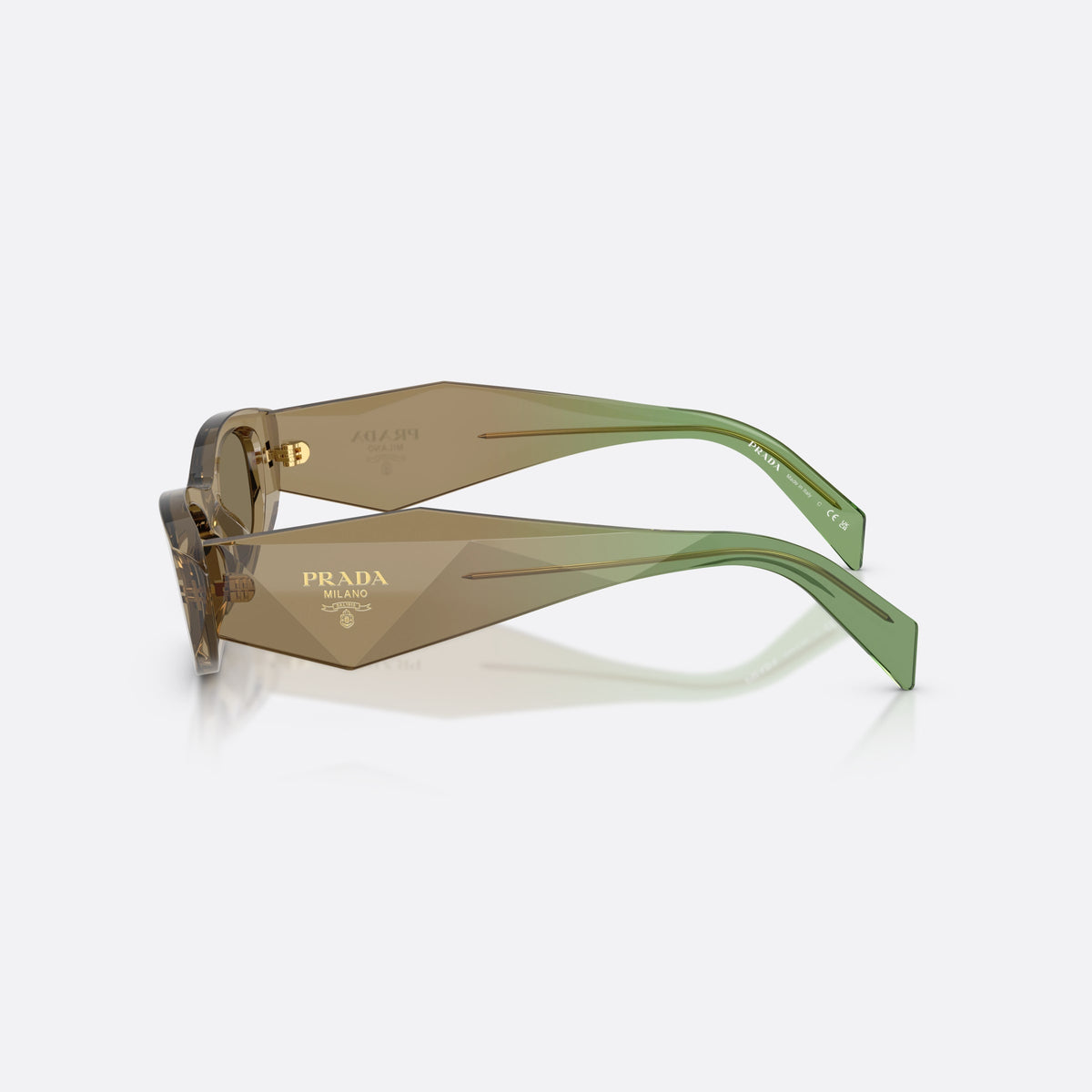 Prada PR B16S 29E90F sunglasses, brown oval frame for women, plain bridge, brand lettering on temples, full rim frame, side view