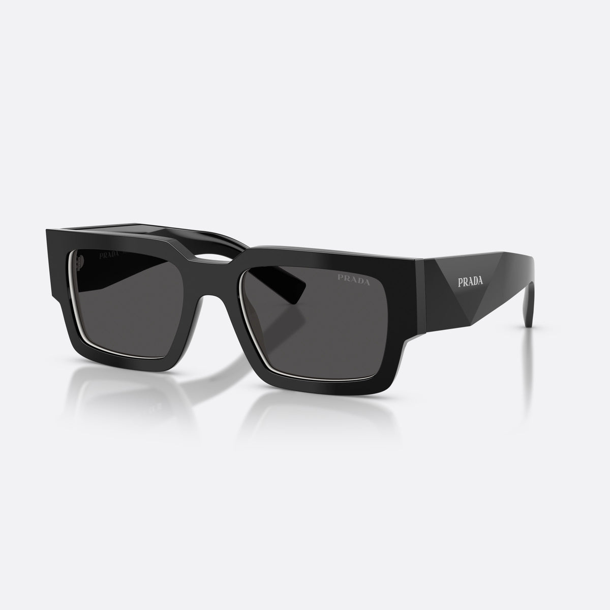 Prada PR B17S 16K08Z sunglasses, black rectangle frame for men, plain integrated bridge, brand lettering on temples