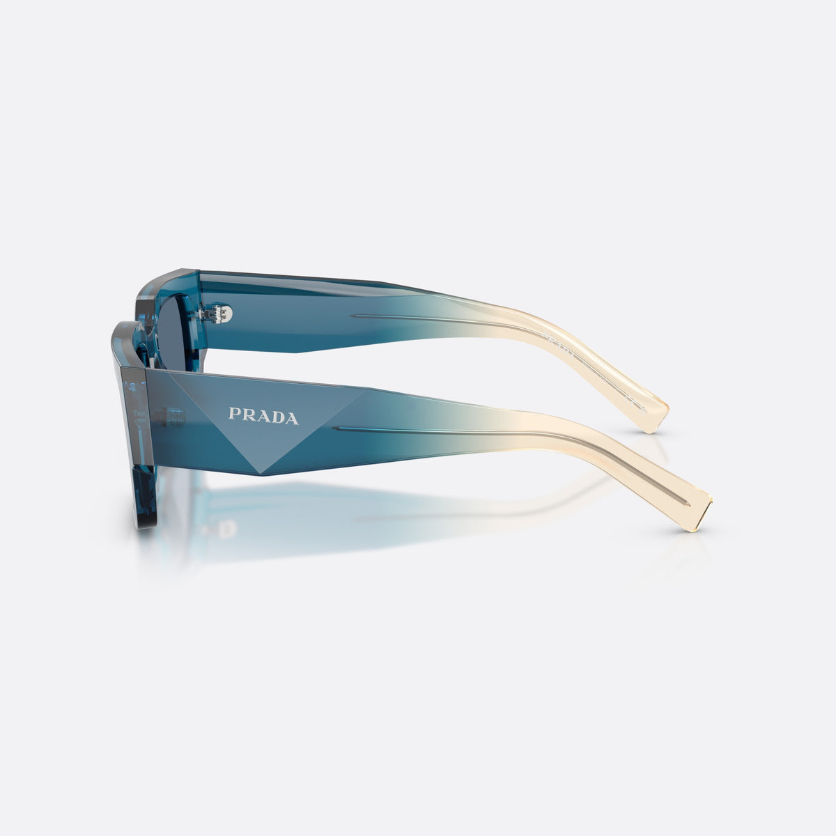 Prada PR B17S 24F80S sunglasses, blue rectangle frame for men, plain bridge, brand lettering on temples, full-rim frame, side view