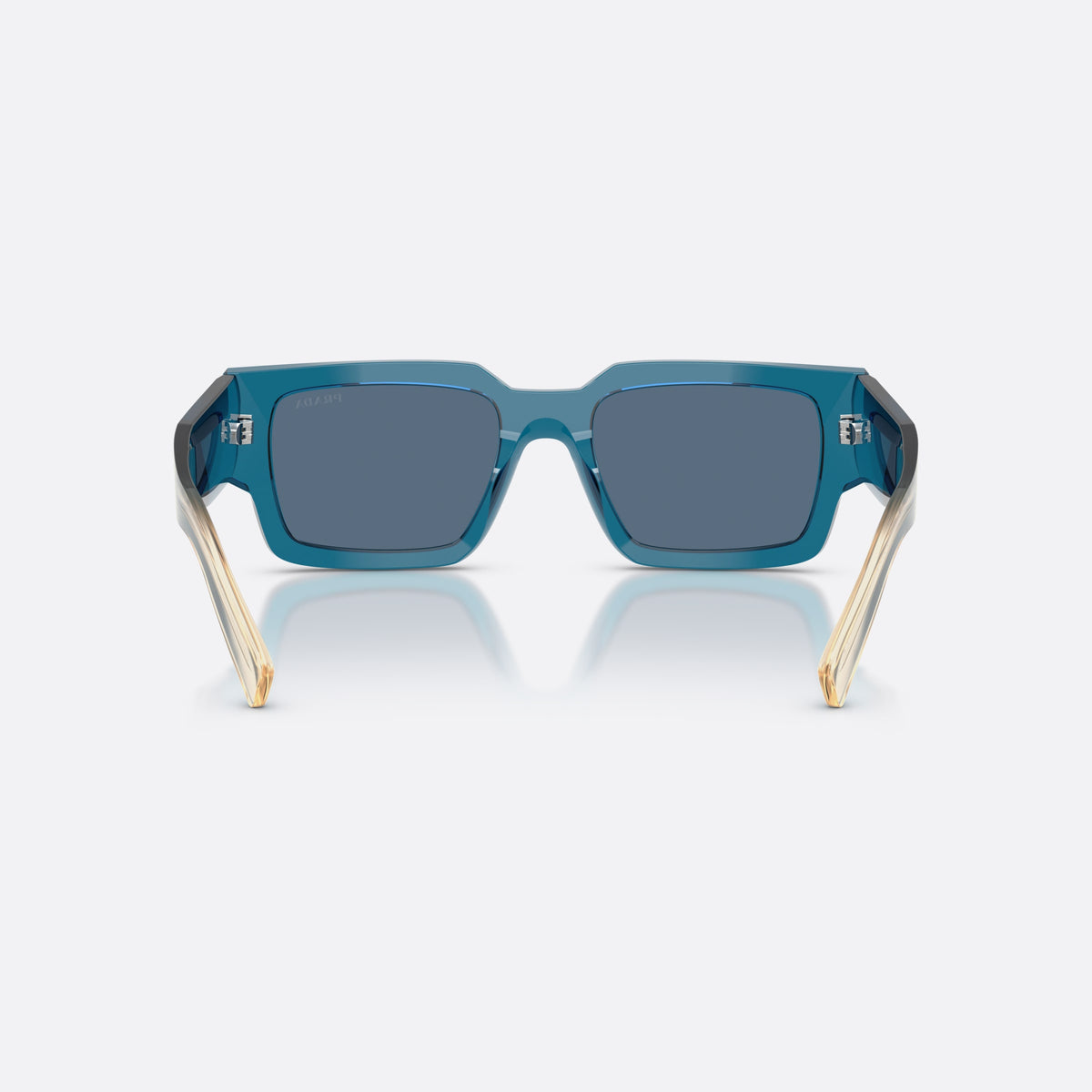 Prada PR B17S 24F80S sunglasses, blue rectangle frame for men, plain bridge, brand lettering on temples, full-rim frame, back view