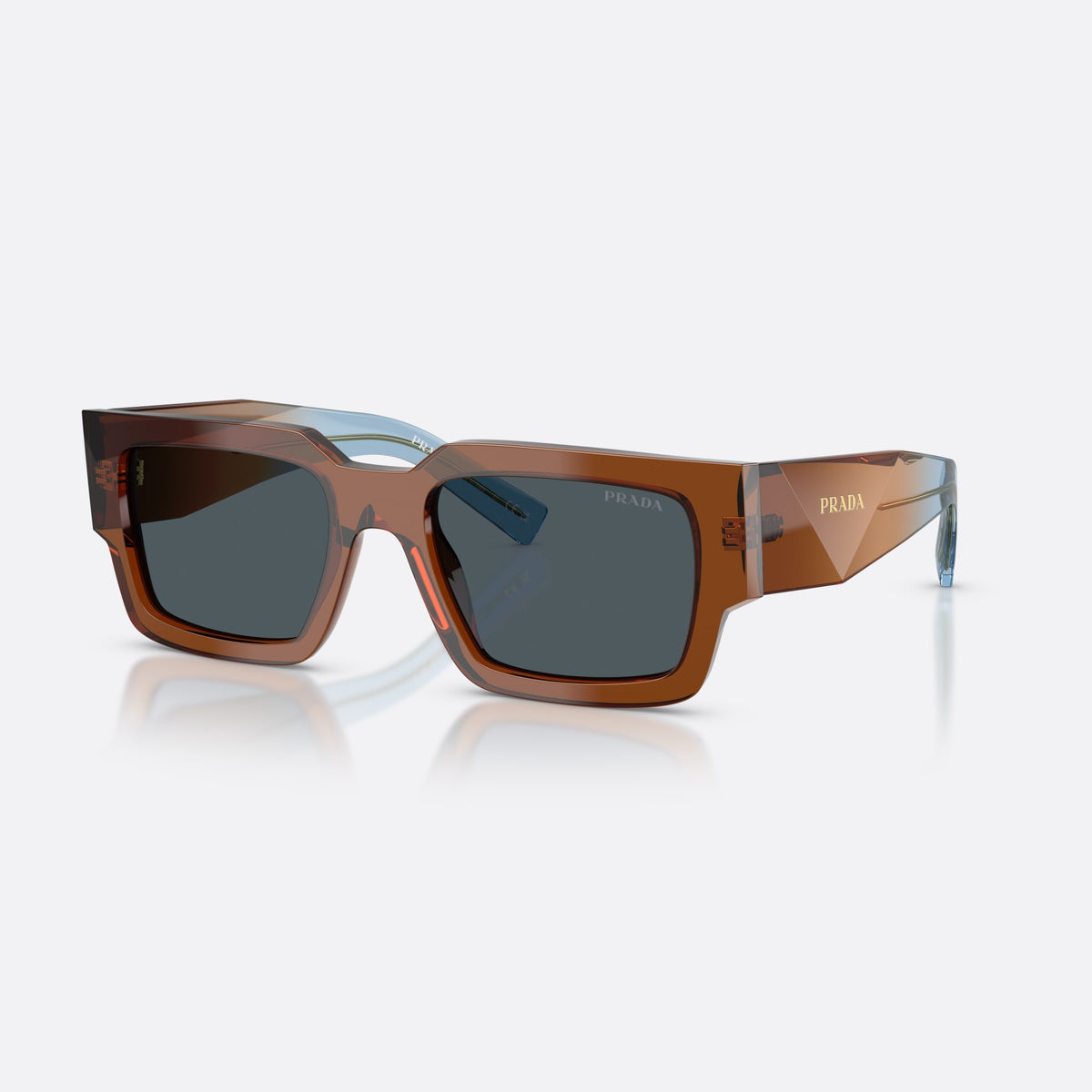 Ochelari de soare Prada PR B17S 25F70B, rectangulari maro, pentru bărbați, punte simplă, literele brandului pe brațe, ramă completă