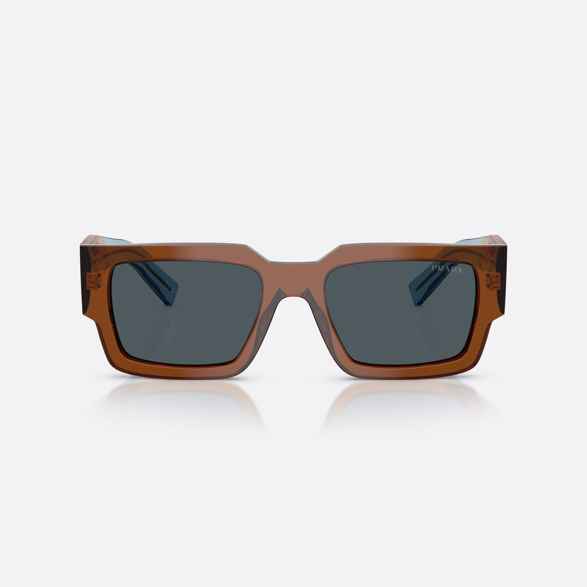 Ochelari de soare Prada PR B17S 25F70B, rectangulari maro, pentru bărbați, punte simplă, literele brandului pe brațe, ramă completă, vedere din față