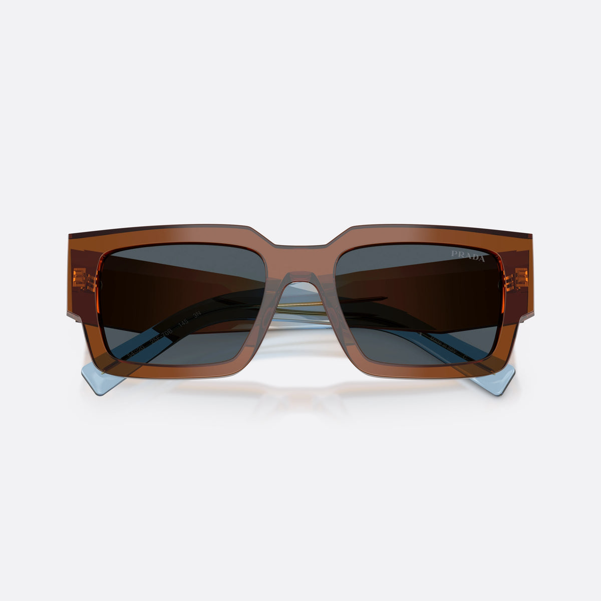 Ochelari de soare Prada PR B17S 25F70B, rectangulari maro, pentru bărbați, punte simplă, literele brandului pe brațe, ramă completă, cu brațele pliate