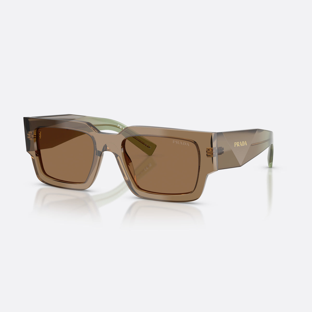 Prada PR B17S 29E90F sunglasses, brown rectangle frame for men, plain bridge, brand lettering on temples, full-rim frame