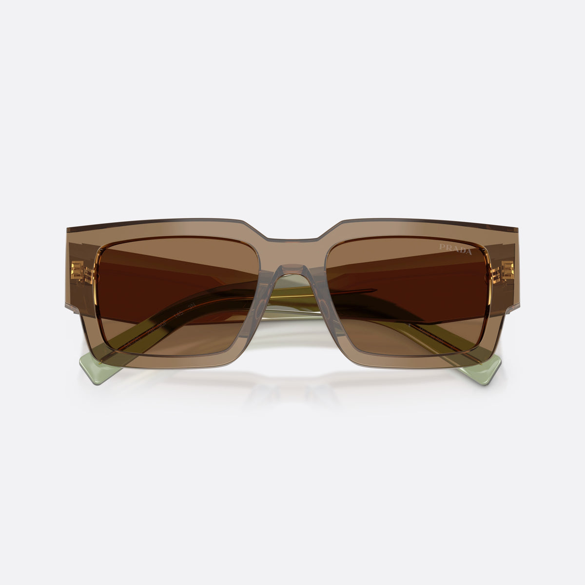Prada PR B17S 29E90F sunglasses, brown rectangle frame for men, plain bridge, brand lettering on temples, full-rim frame, folded
