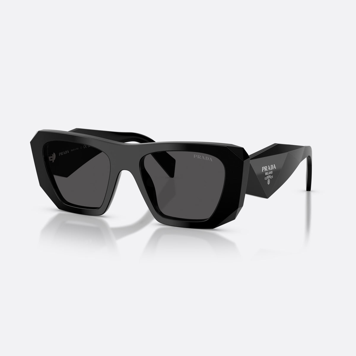 Prada PR B18S 16K08Z sunglasses, black square frame for women, plain bridge, brand lettering on temples, full rim