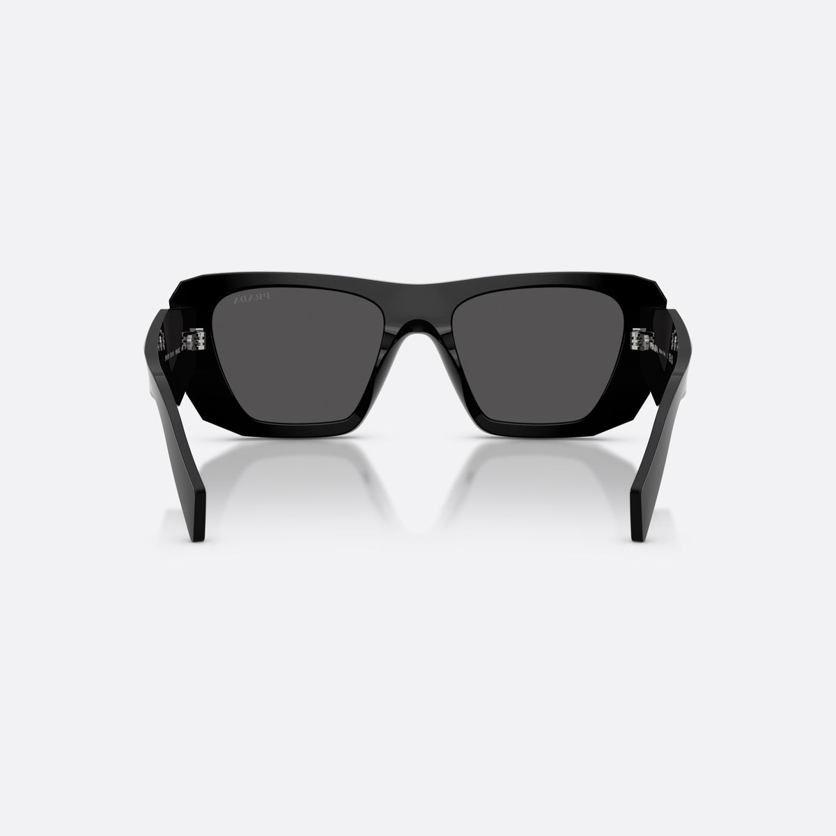 Prada PR B18S 16K08Z sunglasses, black square frame for women, plain bridge, brand lettering on temples, full rim, back view
