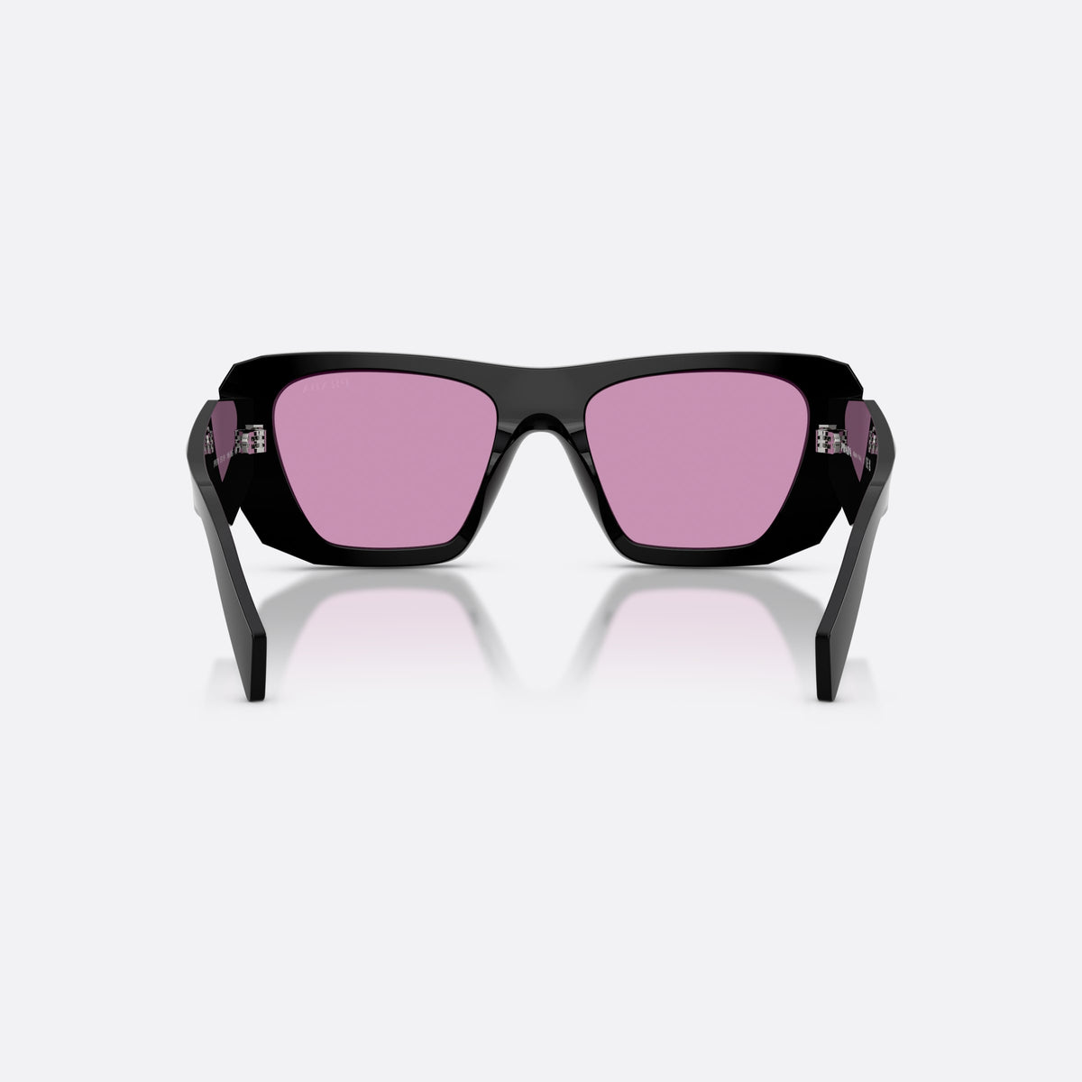 Prada PR B18S 16K30G sunglasses, black square frame for women, plain integrated bridge, brand lettering on temples, back view