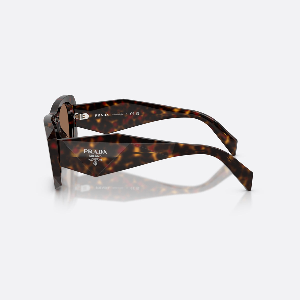 Prada PR B18S 17N06B sunglasses, havana square frame for women, plain integrated bridge, brand lettering on temples, side view