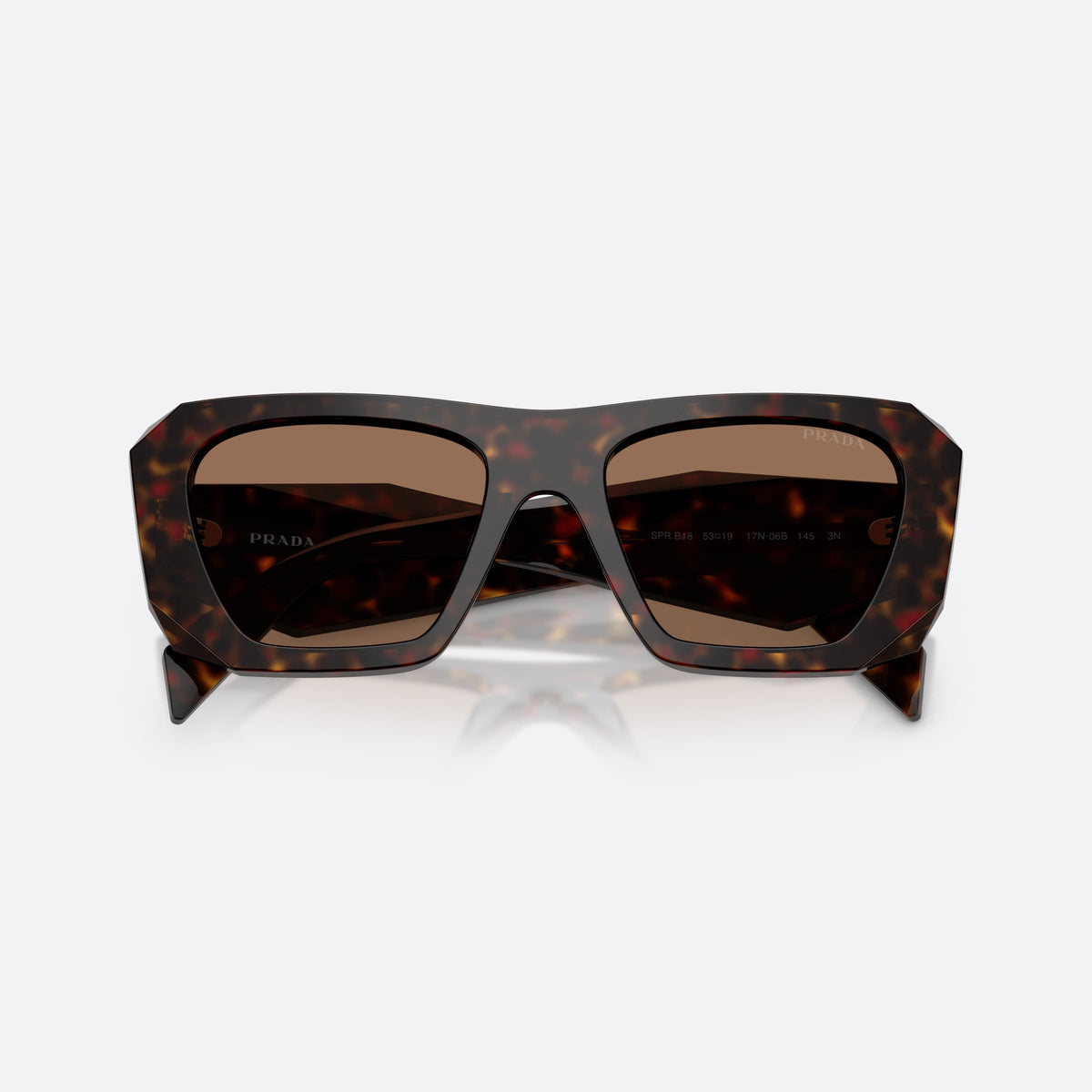 Prada PR B18S 17N06B sunglasses, havana square frame for women, plain integrated bridge, brand lettering on temples, folded