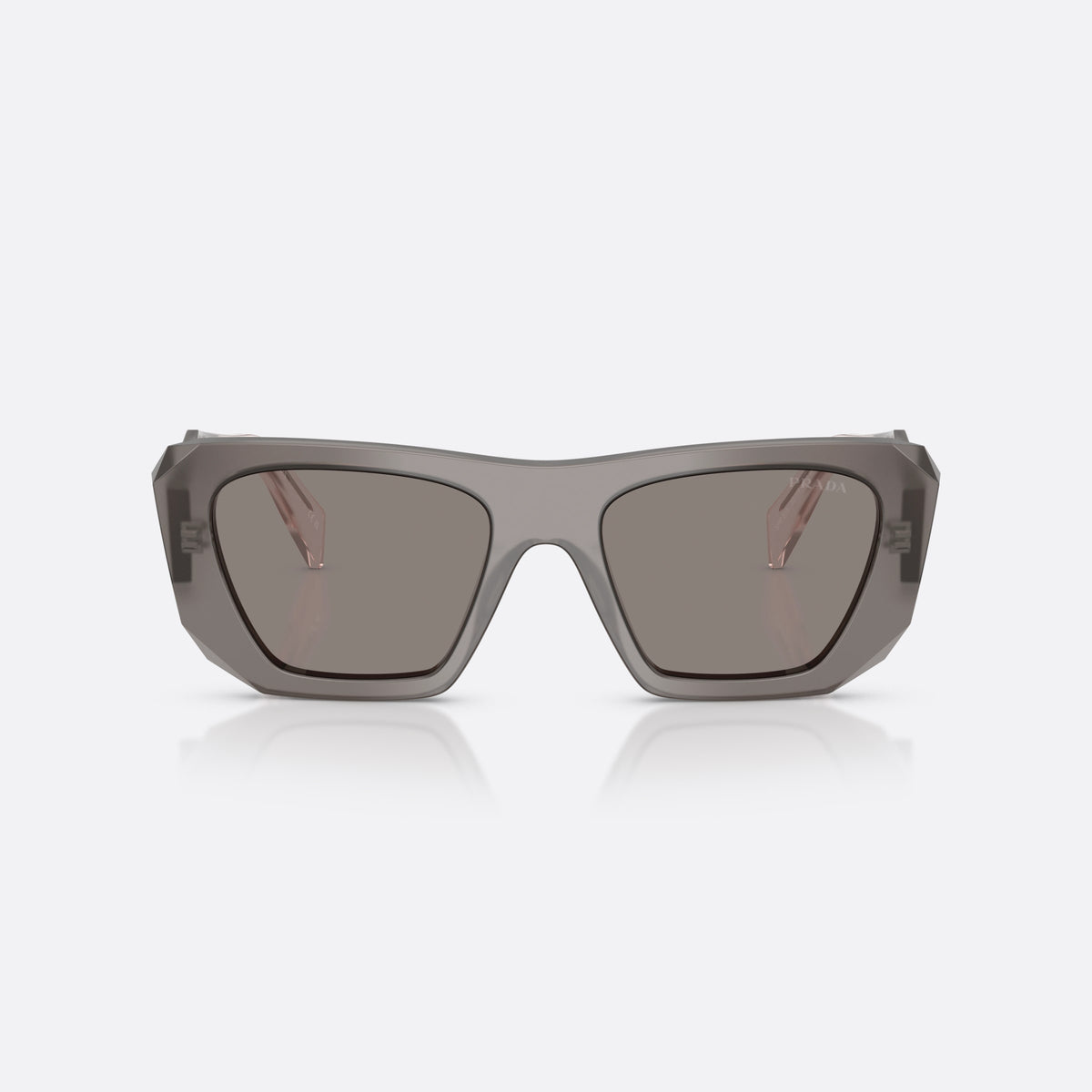 Prada PR B18S 20F80Q sunglasses, grey square frame for women, plain integrated bridge, brand lettering on temples, front view