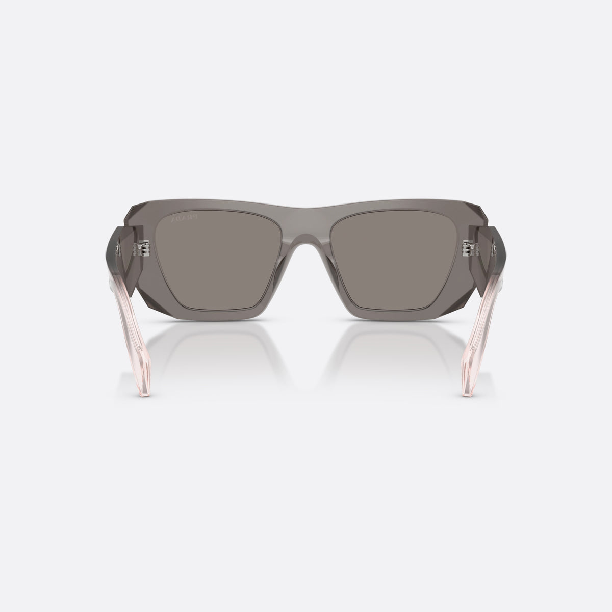 Prada PR B18S 20F80Q sunglasses, grey square frame for women, plain integrated bridge, brand lettering on temples, back view