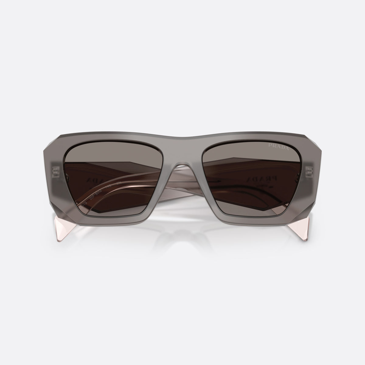 Prada PR B18S 20F80Q sunglasses, grey square frame for women, plain integrated bridge, brand lettering on temples, folded