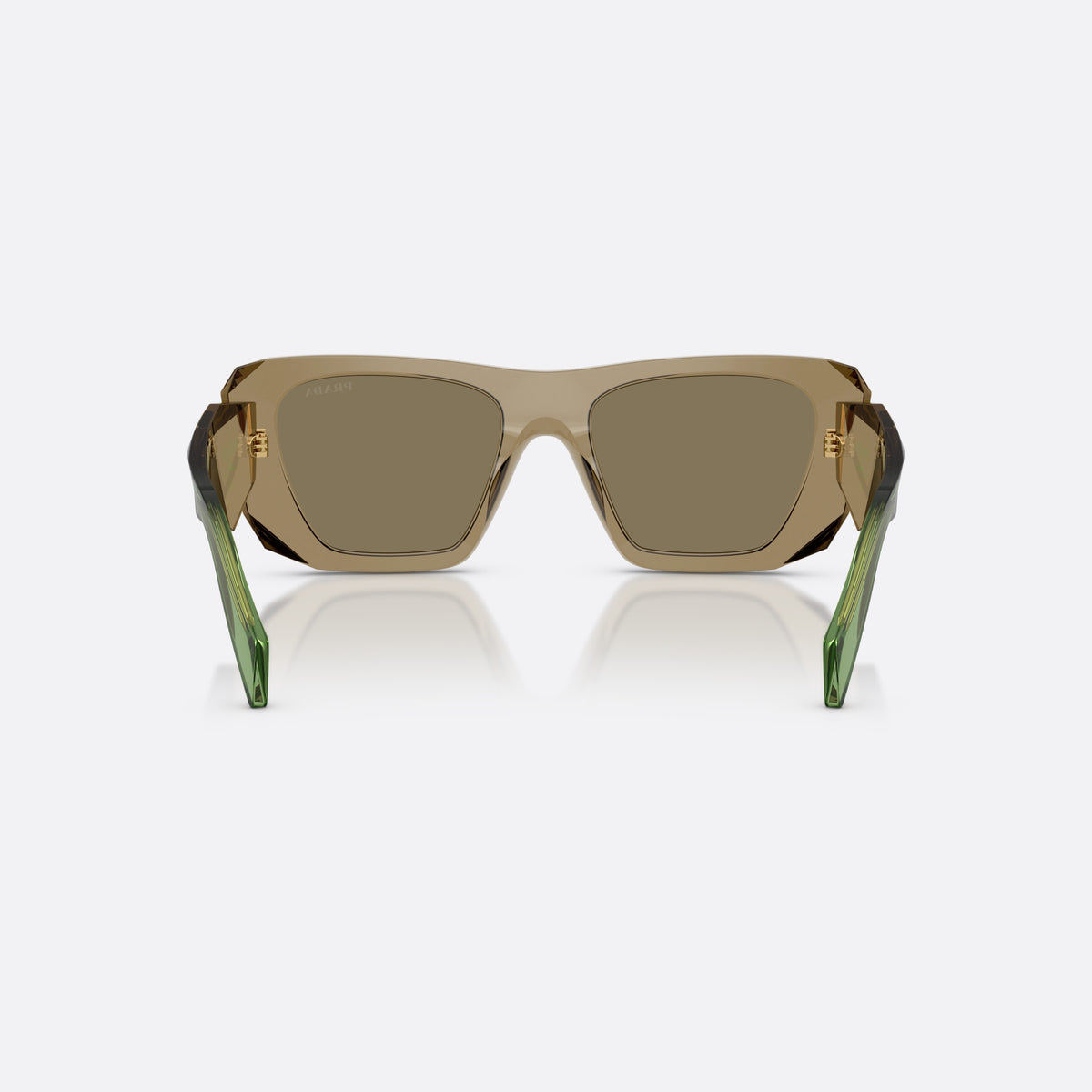 Prada PR B18S 29E90F sunglasses, brown square frame for women, plain integrated bridge, brand logo plaque on temple, back view